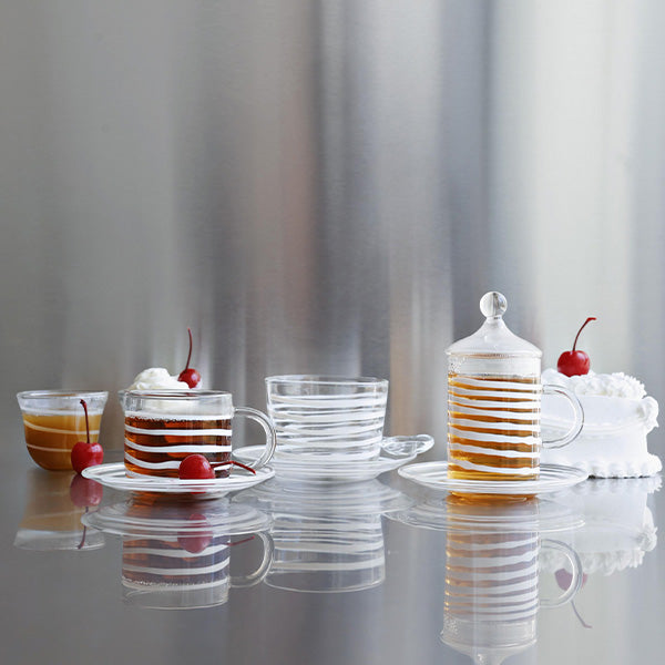 6 PC TEA CUP WITH LID AND SAUCER WHITE STRIPES 6 PCS 11x12.5CM - 6 قطع فناجين شاي بغطاء وصحن خطوط بيضاء 6 قطع 11×12.5 سم de