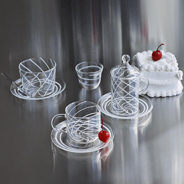 6 PC TEA CUP WITH SAUCER SWIRL WHITE STRIPES 6 PCS 11.5x6.5 CM - 6 قطع فناجين شاي مع صحن خطوط بيضاء 6 قطع 11.5x6.5 سم