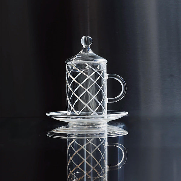 6 PC TEA CUP WITH LID AND SAUCER SWIRL STRIPES 6 PCS 11X12.5 CM - 6 قطع فناجين شاي مع غطاء وصحن خطوط دوامية 6 قطع 11 × 12.5 سم