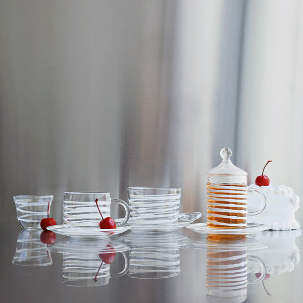 6 PC TEA CUP WITH SAUCER  WHITE STRIPES 6 PCS 11.5x6.5 CM -6 قطع فناجين شاي مع صحن خطوط بيضاء 6 قطع 11.5 × 6.5 سم