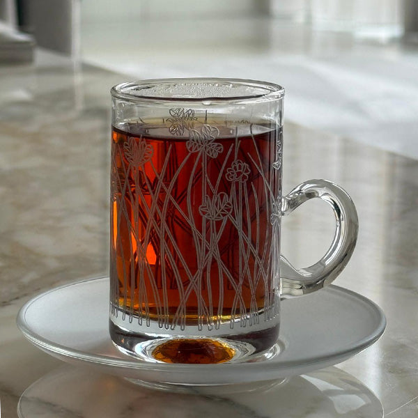 Silver Flying Botanical flower Istekana & Gahwa Set  -   طقم استكانات شاي وقهوة بنقشة نباتية فضي