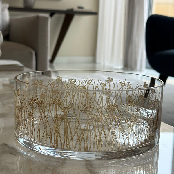 Gold Flying Botanical flower Large Bowl Glazed Satin 25 cm  -  وعاء تقديم بنقشة نباتية ذهبي 25 سم