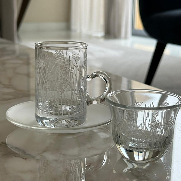 White Flying Botanical flower Istekana & Gahwa Set  - طقم استكانات شاي وقهوة بنقشة نباتية أبيض