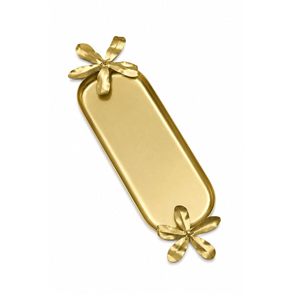 Oval Tray With Sheet & Cast Flower , Gold  - صينية بيضاوية مزخرفة بزهور ,ذهبية