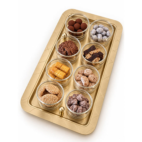 Abstract Gold Serving Tray with 8 Cups - صينية تقديم ذهبية بتصميم أنيق مع 8 أكواب
