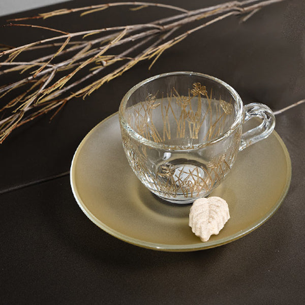 Gold Flying Botanical flower Espresso Cup ,Saucer -    طقم اكواب إسبرسو مع صحن غير لامع  بنقشة نباتية ,ذهبي