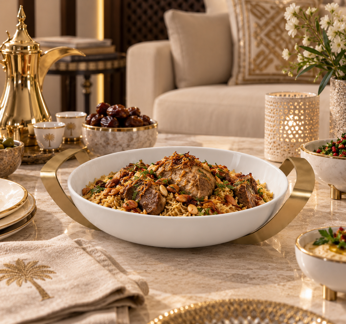Matt Gold Round Dish with holder large - طبق دائري مع حامل ذهبي/كبير