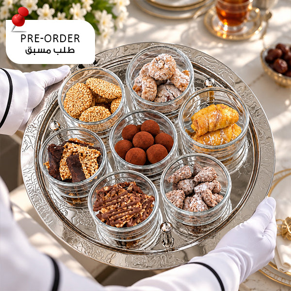 Silver Round Serving Tray with 7 Cups - صينية تقديم دائرية فضية مع 7 أكواب
