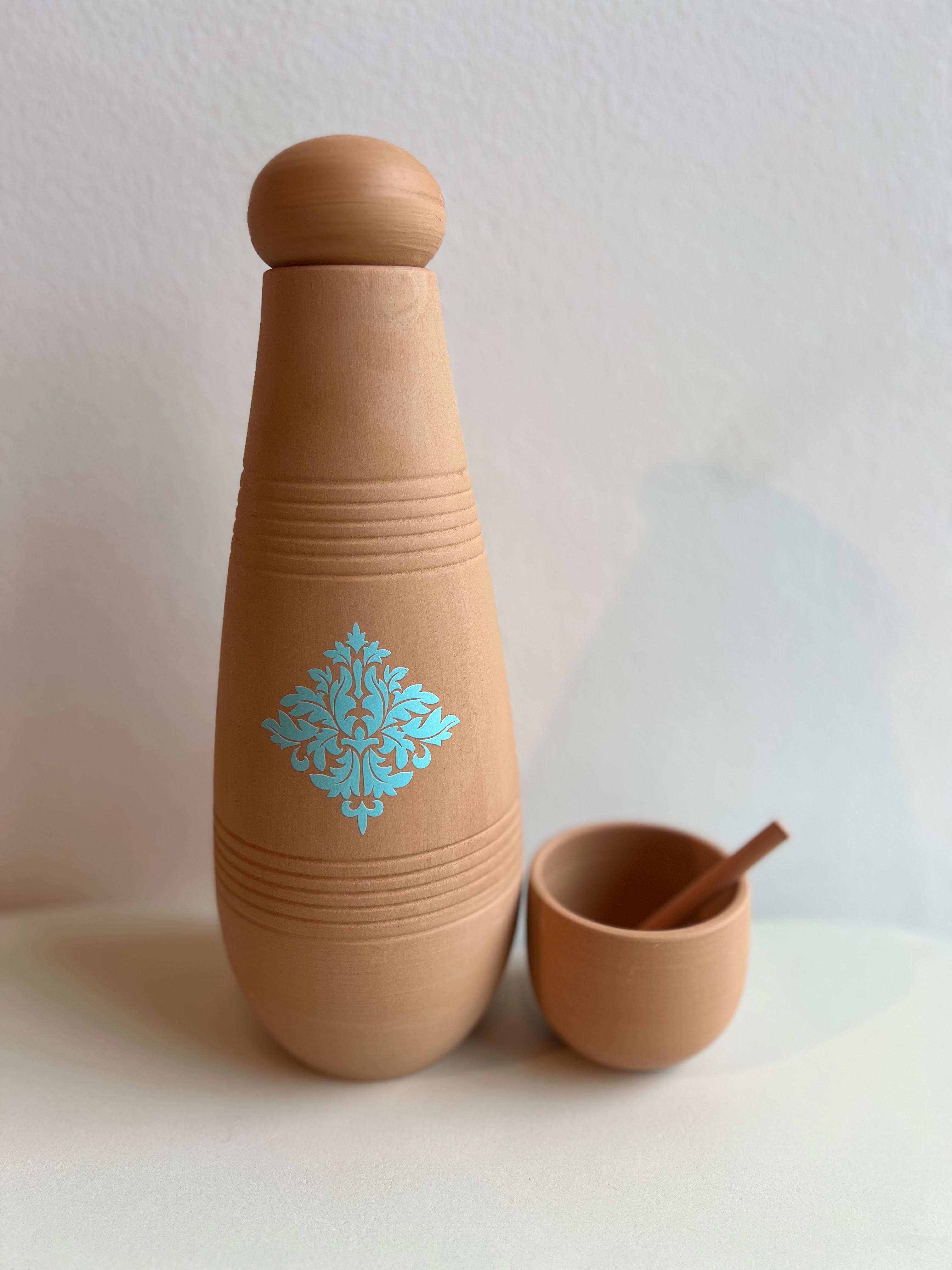 Water Drinking Pot With Cup , TURQUOISE - فخارة تنقية المياه , أزرق فاتح